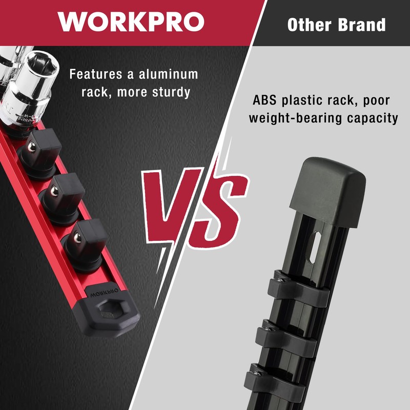 WORKPRO Magnetic Socket Organizer Set, 3-Piece Aluminum Alloy Socket Rail,