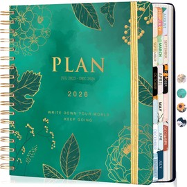 CAGIE Planner 2025-2026, 18 Months Jul 2025 - Dec 2026 Calendar Weekly Monthly Agenda, 8.3 x 9.3 Inch, Green Spiral Bound Planner, Monthly Tabs, Elastic Closure, Stickers