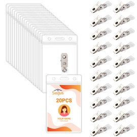 Segus ID Card Holder with Clips, Pack of 20 Waterproof ID Card Holders with Metal Clips, Transparent Card Holder for Office, School, Events, Conferences (Vertical)
