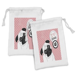 Ambesonne Pug Fabric Pouch Set of 2, I Love Dogs with a Paw Print Emblem Pug with Tilted Head Fun Animal Print, Small Drawstring Bag for Toiletries Masks and Favors, 9" x 6", Pink Black White