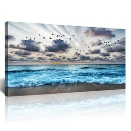 Lapremoly Black And White Beach Wall Painting Canvas Wall Art For Living Room Wall Decor For Bedroom Office Wall Decor Blue Sea Wave Pictures Artwork Modern Hotel Room Home Wall Decoration 20x40 In