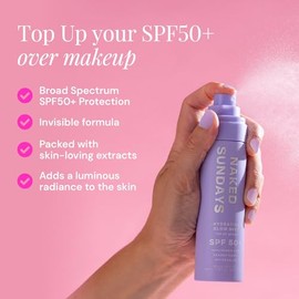 Naked Sundays SPF 50 - Bruma de protección solar hidratante para cara, spray de ajuste SPF con ácido hialurónico, espray de ajuste de maquillaje, ligero, hidratación no grasa, 2.5 fl oz
