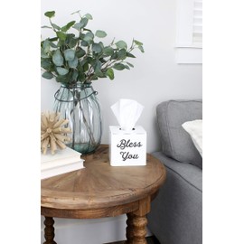 AuldHome White Tissue Box Cover; Enamelware Square Distressed Farmhouse Vintage Style Decor Tissue Holder