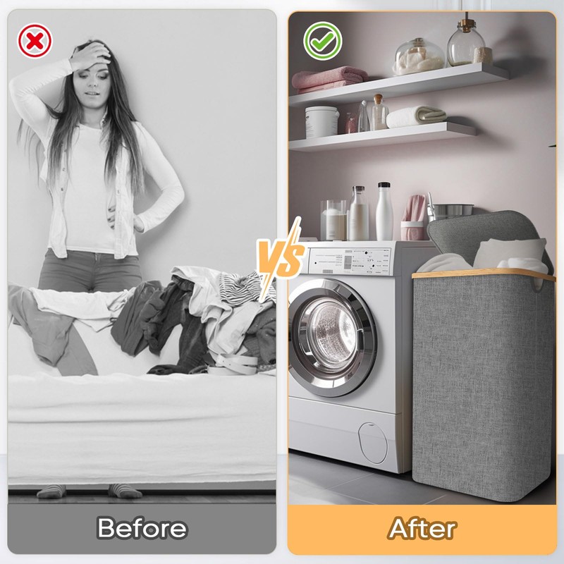BALEINE Laundry Hamper with Lid, Tall Laundry Baskets with Bamboo