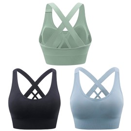 Heersan Women's Sports Bra, Push Up Sports Bra Without Underwire, Crossback, Seamless Strong Hold Sports Bra with Removable Padded for Fitness, Running, Jogging, Yoga, 3 Pieces- Black+Grey Blue+Light