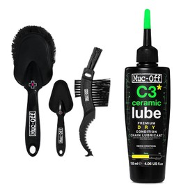 Muc-Off C3 Ceramic Dry Chain Lube 120ml + 3X Premium Bike Brush Set | Premium Bike Chain Lubricant with UV Tracer Dye | Ideal for Dry and Dusty Conditions