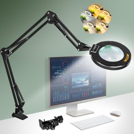 Ultra Long 3-Section Swing Arm 12X 30X Magnifying Glass with Light and Stand, 4-Way Metal Clamp Lighted Magnifier Lamp, 5 Color Modes LED Magnifying Lamp for Workbench Hobby（12X/30X 35.2in Clamp ）