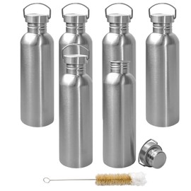 LECEHIVO 6 Pack Uninsulated Single Walled Sports Water Bottle with Cleaning Brush 304 18/8 Stainless Steel Camping Water Bottle for Cyclists Runners Hikers (34 oz)