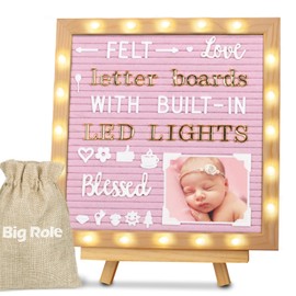 Letter Board Pink Felt Letter Board Sign with Stand and LED Lights 10x10in Changeable Message Board with Letters White and Gold Wood Frame Menu Board Pregnancy Announcement Wedding Gifts Baby Showers