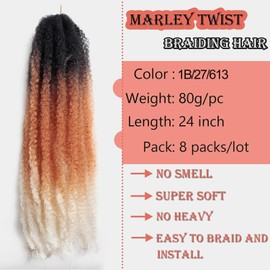 Marley Hair 24 Inch Marley Twist Hair Afro Twist Marley Braiding Hair for Faux Locs Crochet Hair Synthetic Hair Extensions(8Packs,1B/30/613, 24inch)