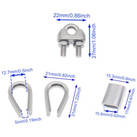 HAJXZH 30PCS Wire Rope Accessories Set M5 Cable Clip Clamp Stainless Steel Thimbles Rigging and Aluminum Crimping Loop Sleeve for 3/16'' Wire Rope