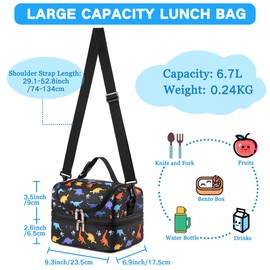 VASCHY - Kids and Boys Insulated Lunch Bag - Separate Compartments, Reusable Lunch Bag with Adjustable Shoulder Strap for School and Picnic (Black Dinosaur)