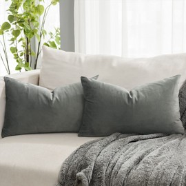 QUAFOO Grey Decorative Lumbar Velvet Throw Pillow Covers 16x24 inch Set of 2 with Zipper Luxury Soft Solid Rectangle Cushion Covers Case for Sofa Couch Bed Living Room