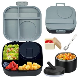 BOSEDSANG Bento Lunch Box for Kids with 12oz Soup Thermo,4 Compartments Lunch Box Containers Kids, Spoon&Sauce Jar, BPA Free&Leak proof,Insulated Food Jar for Travel(Black)