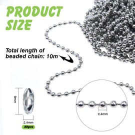 TOAOB 10 m Stainless Steel Ball Chain Extension Necklace Silver 2.4 mm Diameter Ball Bead Chain with 30 Assorted Connectors for Scrapbooking Keyrings DIY Jewellery Making