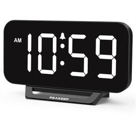 Peakeep Small Digital Alarm Clock for Bedrooms, Loud for Heavy Sleepers Adults, Dimmable Plug in Electric Large Numbers Clock Battery Backup, Slim Clock for Table Office Modern Living Room (BW)