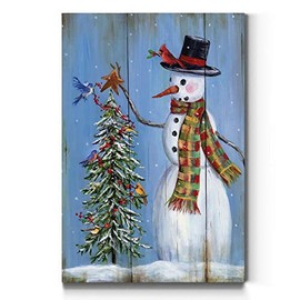Renditions Gallery Snowman and Tree Wall Art, Cute Christmas Cardinal Decorations, Vintage Painted Wood Look, Premium Gallery Wrapped Canvas Decor, Ready to Hang, 8 in H x 12 in W, Made in America