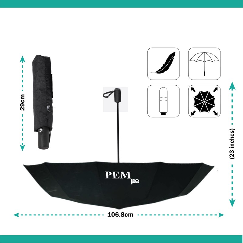PEM Black Umbrella Compact Travel Folding Umbrella,Durable Rain Windproof Portable