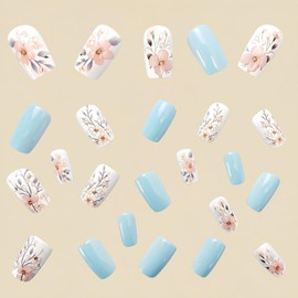 MIXFOSAHN Flower Press on Nails Short Square Fake Nails Blue False Nails with Pink Floral Designs Glossy Full Cover Stick on Nails Glue on Nails Flower Nails Acrylic Nails for Women Girls 24 Pcs