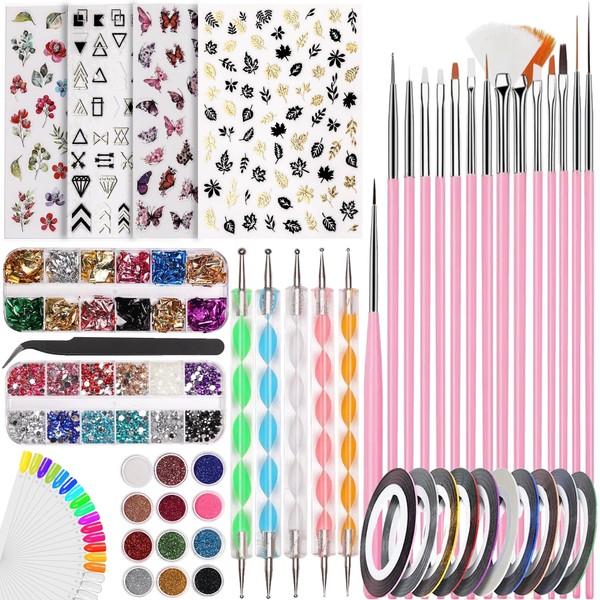 Nail Art Set Accessories Professional 15 Pcs Nail Designer Brushes Tools Dotting Designing Pen Colorful Nail foil Stripping Manicure Tape Paillettes Rhinestone Glitter Powder 50Clear NailTips 1Tweezer