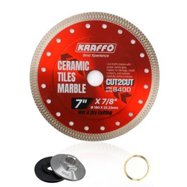 KRAFFO 7 Inch Tile Cutting Diamond Blade – Super Thin Saw Blade for Porcelain, Ceramic, Marble, and Granite – Wet or Dry Use, 1pcs with M14 2pcs Lock Nuts