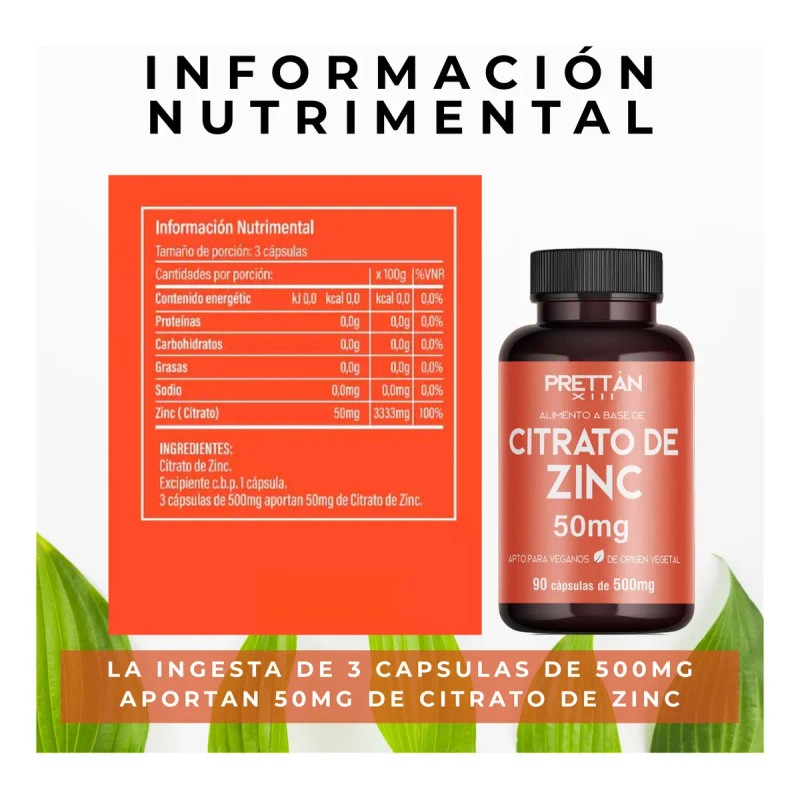 Suplemento Citrato Zinc Prettan Vegano Caps 500mg Sabor