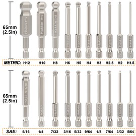 Hakkin 20pcs Ball End Allen Key Set 1/4” Hex Shank Allen Wrench Screwdriver Drill Bits S2 Steel Magnetic Screwdriver Bits Metric & SAE Hex Screwdriver Bits Set 65mm