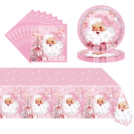37-Piece Christmas Party Tableware Set, Christmas Party Tablecloth, Paper Plates, Napkin Set, Party Decoration, Pink Christmas Grid Party Tableware for Christmas Party, Table Decoration, New Year's