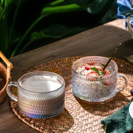Gezzeny Vintage Glass Coffee Mugs 14 Oz Set of 2 Iridescent Embossed, Tea Cups,Glass Coffee Cups for Cappuccino, Latte,Cereal, Yogurt, Beverage Christmas Thanksgiving Day Gifts