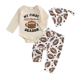 Tuwetueua Baby Boy Football Outfit Long Sleeve Crewneck Romper and Football Print Pants 3Pcs Sets Newborn Boy Clothes (Beige, 6-12 Months)