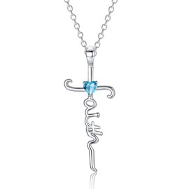 Nupdot Silver Cross Necklace for Women, Sterling Silver Chain March Birthstone Faith Cross Pendant Necklaces Christmas Christian Religious Birthday Gifts for Her, with Gifts Box