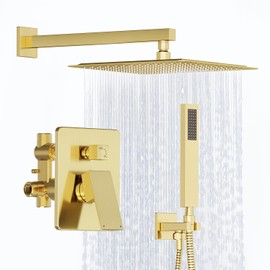 Kurpot Shower System, Gold Shower Faucet Set with Shower Valve and Trim Kit, 12 Inch Rain Shower Head with Handheld Spray, Brushed Gold Shower Head and Handle Set, High Pressure Shower Head System