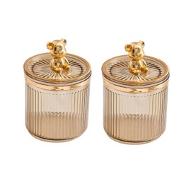 2 Pack Decorative Qtip Holder with Dustproof Lid, Acrylic Qtip Organizer for Bathroom Space-saving, Swab Container for Cotton Balls, Floss Pick, Cotton Round Pads (Amber）