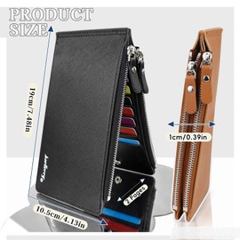 MultiValue Slim Wallet for Men, Bifold PU Leather Long Wallet 16 Slots Card Holder Wallet with ID Window Double Zip Pocket Credit Card Holder for Woman (Black)