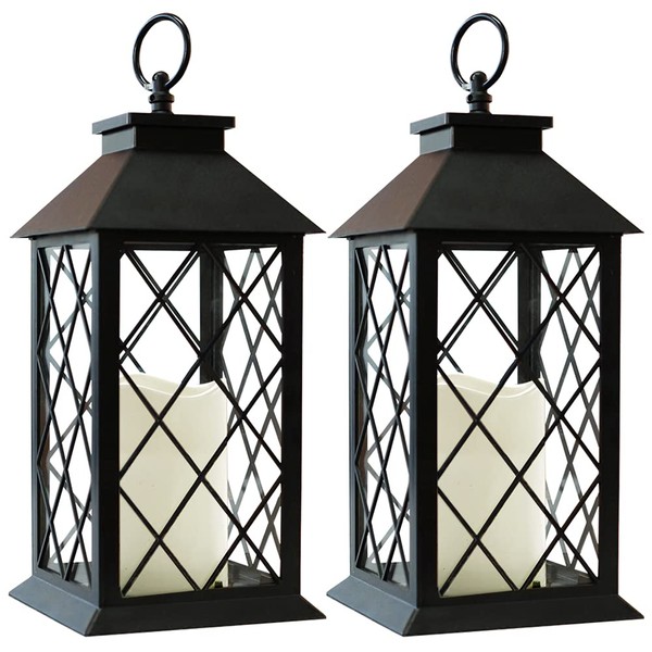 Bright Zeal 2-Pack 13.5" Vintage Candle Lantern with LED Pillar Candle (Black, 6hr Timer) - IP44 Waterproof Battery Powered Candle Lantern - Outdoor Patio Hanging Lantern Decorative Tabletop Lantern