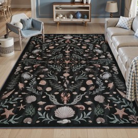 LIVEBOX Vintage Coastal Machine Washable 5x7 Area Rugs for Living Room Clearance, Non Slip Soft Low Pile Farmhouse Ocean Beach Neutral Rugs for Kids Bedroom Indoor, Carpet Rugs for Dining Room(5x7ft)