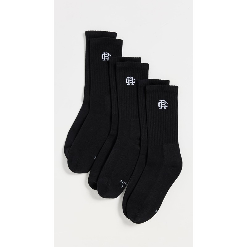 REIGNING CHAMP Men's 3 Pack Classic Crew Socks, Black, S-M