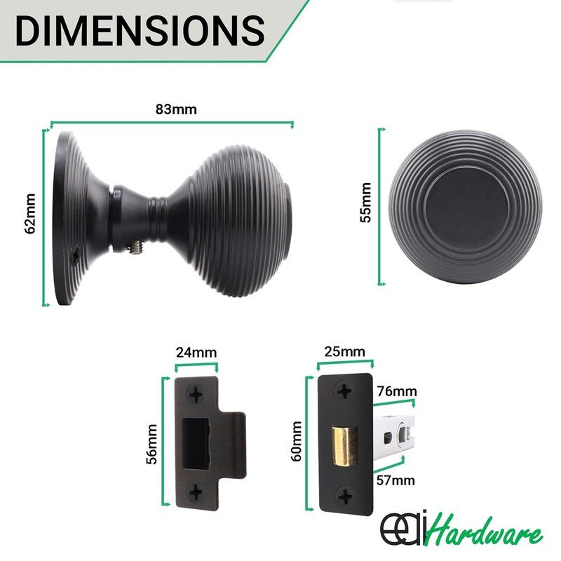 EAI Beehive Reeded Black Door Knob Set | 1 Pair