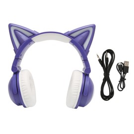 Cat Ear Bluetooth Headset Stereo Cute High Sensitivity Built in Mic Adjustable LED Kids Headset with 3.5mm Cable Purple