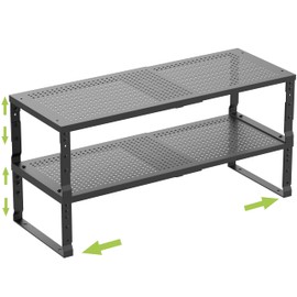 Jojocross Expandable Cabinet Shelf Organizer Storage Spice Rack Shelves for Kitchen Stackable Adjustable Pantry Cupboard Bathroom Countertop Desktop(2Packs/Black/Large-with Hole)