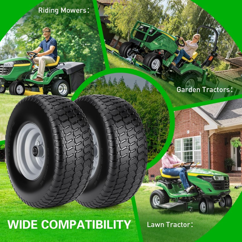 2pcs 15x6.00-6 Flat Free Tire And Wheel, 15x6-6 NHS Lawn
