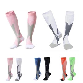 JIRFZUY Compression Socks 2 Pairs Support Socks Knee High Athletic Socks for Running, Cycling, Fitness, Circulation (Nylon Wire XXL, Pink+White)
