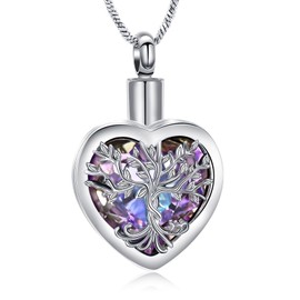 QGJNSGC Urn Necklace for Ashes Tree of Life Crystal Cremation Jewellery for Ashes Heart Memory Jewellery for Women Girls, Stainless Steel