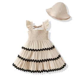 Little Girls Dresses Size 5 6 Kids Clothes Summer Boho Outfits Ruffle Smocked Beige A-Line Linen RIC Rac Sleeveless Dress Toddler Girl Beach Casual Sundress with Hat
