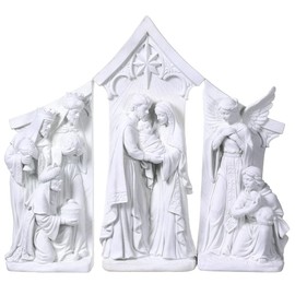 TenWaterloo White Nativity Scene Statues Set of 3, Center Piece 19 Inches High, Christmas Religious Decor with Holy Family, Angels, and The Three Wise Men