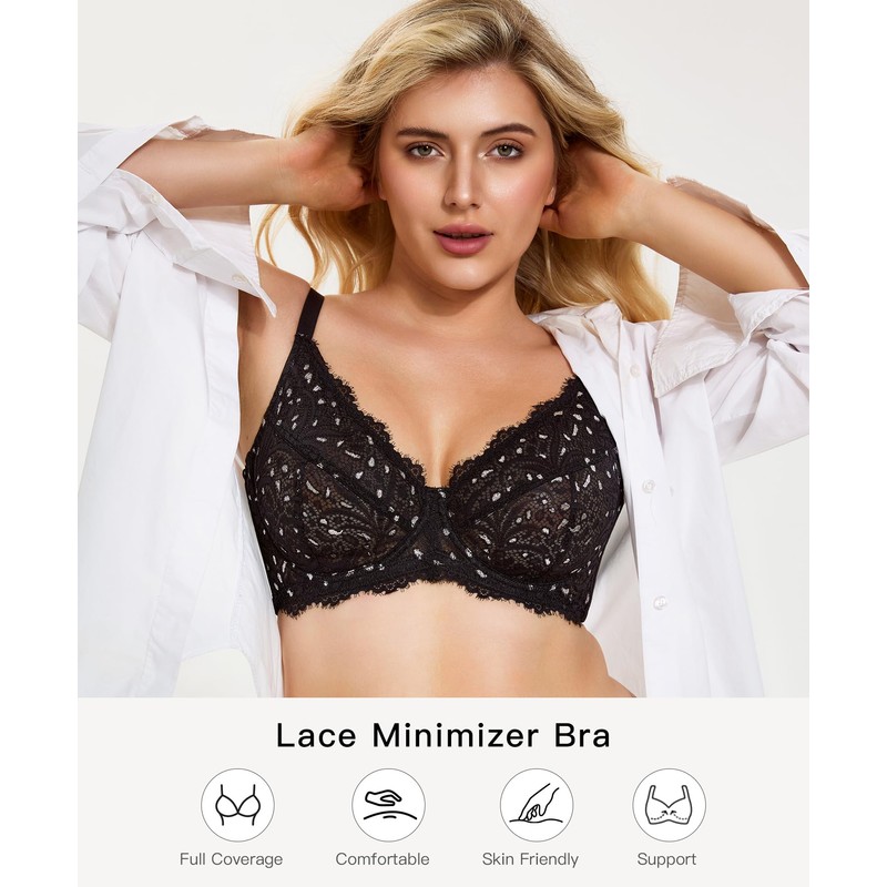 Redgray Minimizer Bras for Women Full Coverage Embroidered Lace Unlined