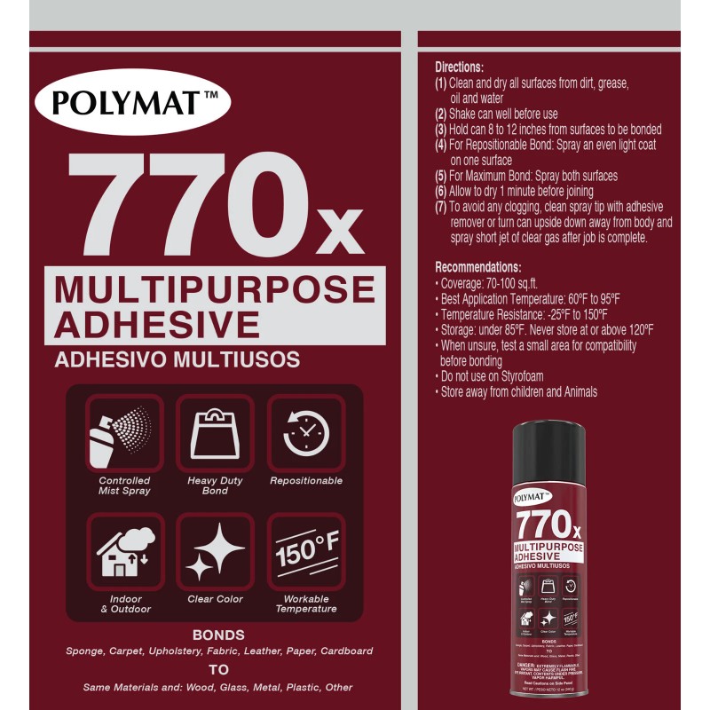 Polymat 770X MULTIPURPOSE SPRAY GLUE ADHESIVE HIGH TACK BONDS FABRICS