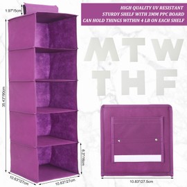 Hahafelt 2 Pcs 5 Shelf Weekly Clothes Organizer for Kids Hanging Closet Organizer Weekday Daily Activity Clothes Storage Days of The Week Outfit Storage for Monday Through Friday(Purple)
