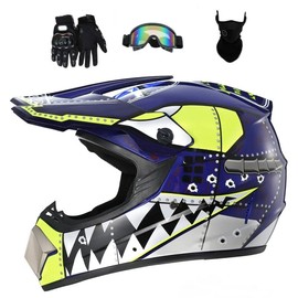 Senhill Motocross Helmet Dirt Bike Helmet Shark Pattern ATV Street Motorcycle Helmet with Gloves Goggles Mask for Unisex Youth Kids DOT/FMVSS 218 Approved (Blue, M)