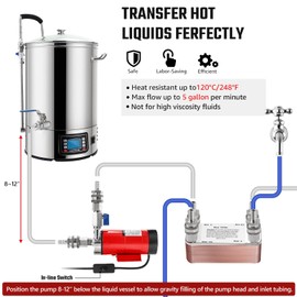 Hilangsan Wort Pump High Temp Brewing Pump Food Grade Pump Stainless Steel Head brew Pump Homebrew pump Wort Transfer Pump with Inline Switch Mini Ball Valve Quick Disconnects (Red)